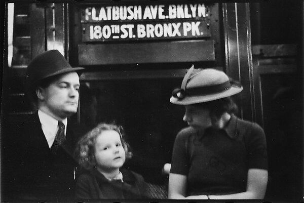 [Five 35mm Film Frames: Subway Passengers, New York City: Couple and Child Beneath "Flatbush Ave Brooklyn" Sign, Woman in Velvet Collar with Arm Around Child], Walker Evans (American, St. Louis, Missouri 1903–1975 New Haven, Connecticut), Film negative 