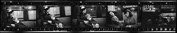[Five 35mm Film Frames: Subway Passengers, New York City: Woman in Velvet Collar with Arm Around Child, Mother and Child, Woman in Polkadot Dress and Little Girl], Walker Evans (American, St. Louis, Missouri 1903–1975 New Haven, Connecticut), Film negative