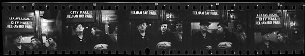 [Five 35mm Film Frames: Subway Passengers, New York City: Three Women Beneath "Lex Ave Local" Sign, Two Women Beneath "City Hall" Sign, Two Women Beneath "Pelham Bay Park" Sign, Two Women in Conversation Beneath "Pelham Bay Park" Sign, Two Women in Conversation Beneath "Lex Ave Local" Sign], Walker Evans (American, St. Louis, Missouri 1903–1975 New Haven, Connecticut), Film negative