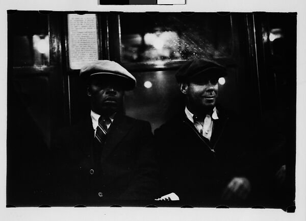 [Five 35mm Film Frames: Subway Passengers, New York City: Two Women in Conversation Beneath "Lex Ave Local" Sign, Two Men in Caps, Sleeping Men], Walker Evans (American, St. Louis, Missouri 1903–1975 New Haven, Connecticut), Film negative