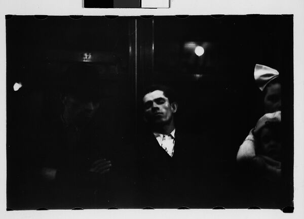 [Five 35mm Film Frames: Subway Passengers, New York City: Two Women in Conversation Beneath "Lex Ave Local" Sign, Two Men in Caps, Sleeping Men], Walker Evans (American, St. Louis, Missouri 1903–1975 New Haven, Connecticut), Film negative