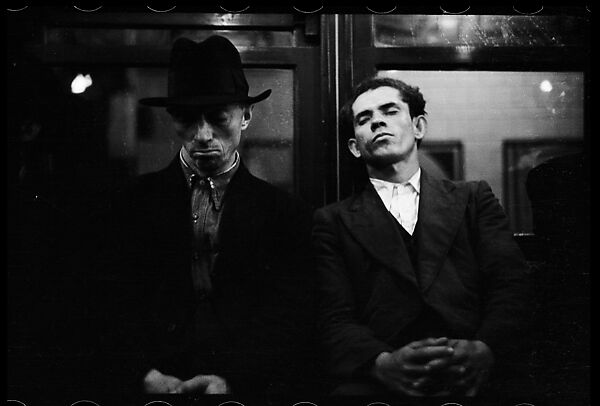 [Five 35mm Film Frames: Subway Passengers, New York City: Two Women in Conversation Beneath "Lex Ave Local" Sign, Two Men in Caps, Sleeping Men], Walker Evans (American, St. Louis, Missouri 1903–1975 New Haven, Connecticut), Film negative