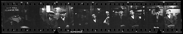 [Five 35mm Film Frames: Subway Passengers, New York City: Two Women in Conversation Beneath "Lex Ave Local" Sign, Two Men in Caps, Sleeping Men], Walker Evans (American, St. Louis, Missouri 1903–1975 New Haven, Connecticut), Film negative