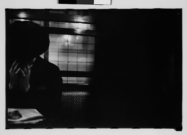 [Five 35mm Film Frames: Subway Passengers, New York City: Woman Reading, Man in Hat and Shirt Sleeves, Woman with Hands to Face and Newspaper on Lap, Older Woman, Man Leaning in Doorway, Older Woman Seated Next to Man in Cap], Walker Evans (American, St. Louis, Missouri 1903–1975 New Haven, Connecticut), Film negative