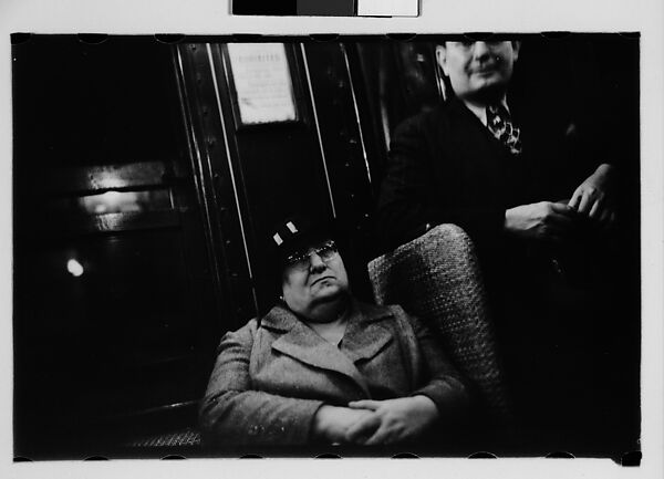 [Five 35mm Film Frames: Subway Passengers, New York City: Woman Reading, Man in Hat and Shirt Sleeves, Woman with Hands to Face and Newspaper on Lap, Older Woman, Man Leaning in Doorway, Older Woman Seated Next to Man in Cap], Walker Evans (American, St. Louis, Missouri 1903–1975 New Haven, Connecticut), Film negative