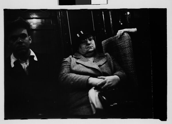 [Five 35mm Film Frames: Subway Passengers, New York City: Woman Reading, Man in Hat and Shirt Sleeves, Woman with Hands to Face and Newspaper on Lap, Older Woman, Man Leaning in Doorway, Older Woman Seated Next to Man in Cap], Walker Evans (American, St. Louis, Missouri 1903–1975 New Haven, Connecticut), Film negative