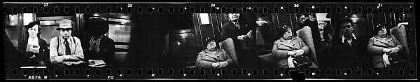 [Five 35mm Film Frames: Subway Passengers, New York City: Woman Reading, Man in Hat and Shirt Sleeves, Woman with Hands to Face and Newspaper on Lap, Older Woman, Man Leaning in Doorway, Older Woman Seated Next to Man in Cap], Walker Evans (American, St. Louis, Missouri 1903–1975 New Haven, Connecticut), Film negative