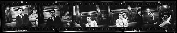 [Five 35mm Film Frames: Subway Passengers, New York City: Man in Cap Next to Older Woman, Women, Man in Suit, Woman Reading Newspaper], Walker Evans (American, St. Louis, Missouri 1903–1975 New Haven, Connecticut), Film negative
