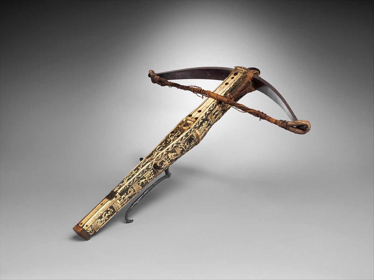 Crossbow (Halbe Rüstung) with Cranequin (Winder), Steel, wood (core: probably fruitwood, possibly pear; repair at cheek includes walnut), staghorn, copper alloy, hemp, leather, polychromy, crossbow, possibly Bavarian; cranequin, probably southern German 