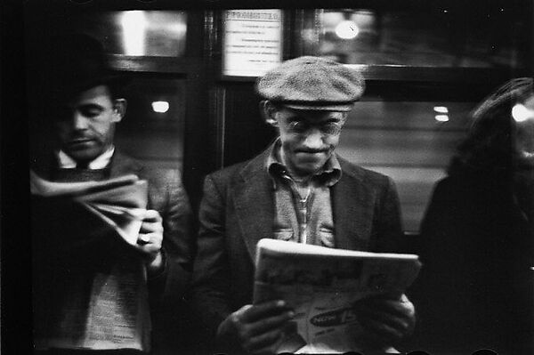 [Five 35mm Film Frames: Subway Passengers, New York City: Two Men Reading Newspapers, Mother and Son, Woman in Front of Transit Authority Poster], Walker Evans (American, St. Louis, Missouri 1903–1975 New Haven, Connecticut), Film negative 