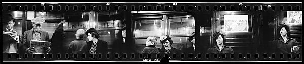 [Five 35mm Film Frames: Subway Passengers, New York City: Two Men Reading Newspapers, Mother and Son, Woman in Front of Transit Authority Poster], Walker Evans (American, St. Louis, Missouri 1903–1975 New Haven, Connecticut), Film negative