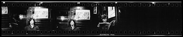 [Four 35mm Film Frames: Subway Passengers, New York City: Woman in Front of Transit Authority Poster, Man Reading Newspaper], Walker Evans (American, St. Louis, Missouri 1903–1975 New Haven, Connecticut), Film negative
