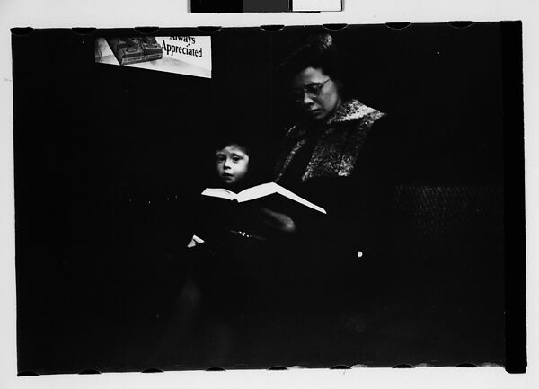 [Five 35mm Film Frames: Subway Passengers, New York City: Man Reading Newspaper, Mother with Book on Lap and Child], Walker Evans (American, St. Louis, Missouri 1903–1975 New Haven, Connecticut), Film negative
