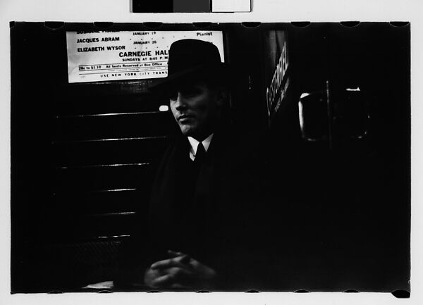 [Five 35mm Film Frames: Subway Passengers, New York City: Young Man and Man Wearing Hat in Car Corner], Walker Evans (American, St. Louis, Missouri 1903–1975 New Haven, Connecticut), Film negative