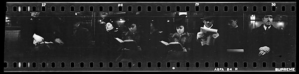 [Four 35mm Film Frames: Subway Passengers, New York City: Woman with Hands Folded in Lap, Two Women, One Reading Book, Woman Reading Book, Man Reading Newspaper, Man with Hands Folded in Lap], Walker Evans (American, St. Louis, Missouri 1903–1975 New Haven, Connecticut), Film negative