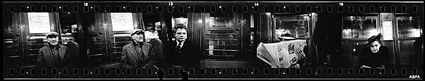 [Five 35mm Film Frames: Subway Passengers, New York City: Man in Cap, Man Reading Newspaper, Women Reading], Walker Evans (American, St. Louis, Missouri 1903–1975 New Haven, Connecticut), Film negative