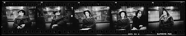[Five 35mm Film Frames: Subway Passengers, New York City: Man in Hat, Overcoat, and Eyeglasses, Woman with Eyes Closed, Two Women, Woman in Fur Coat], Walker Evans (American, St. Louis, Missouri 1903–1975 New Haven, Connecticut), Film negative