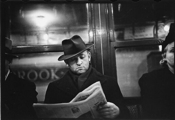 [Five 35mm Film Frames: Subway Passengers, New York City: Woman in Feathered Cap, Man in Hat and Scarf Reading Newspaper,Woman with Newspaper on Lap, Subway Platform from Car Window], Walker Evans (American, St. Louis, Missouri 1903–1975 New Haven, Connecticut), Film negative