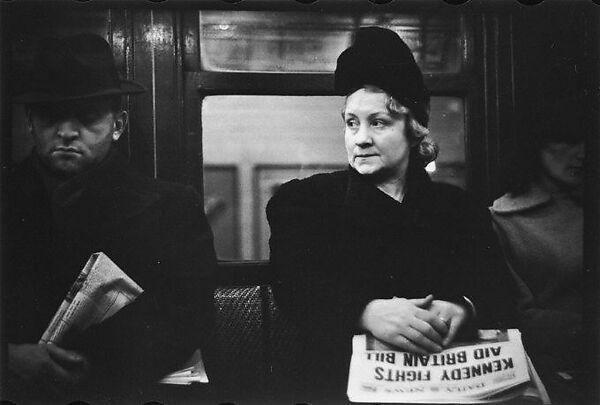 [Five 35mm Film Frames: Subway Passengers, New York City: Woman in Feathered Cap, Man in Hat and Scarf Reading Newspaper,Woman with Newspaper on Lap, Subway Platform from Car Window], Walker Evans (American, St. Louis, Missouri 1903–1975 New Haven, Connecticut), Film negative