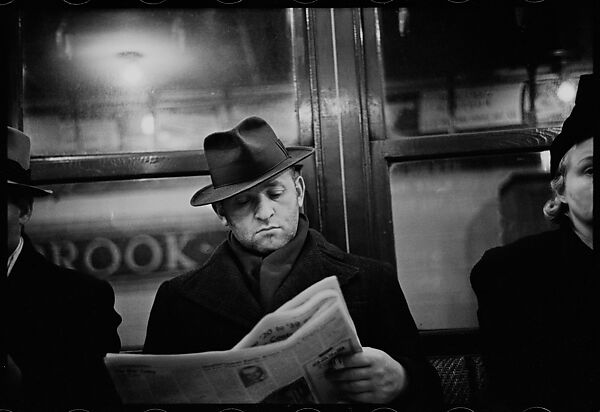 [Five 35mm Film Frames: Subway Passengers, New York City: Woman in Feathered Cap, Man in Hat and Scarf Reading Newspaper,Woman with Newspaper on Lap, Subway Platform from Car Window], Walker Evans (American, St. Louis, Missouri 1903–1975 New Haven, Connecticut), Film negative