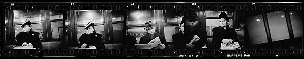 [Five 35mm Film Frames: Subway Passengers, New York City: Woman in Feathered Cap, Man in Hat and Scarf Reading Newspaper,Woman with Newspaper on Lap, Subway Platform from Car Window], Walker Evans (American, St. Louis, Missouri 1903–1975 New Haven, Connecticut), Film negative