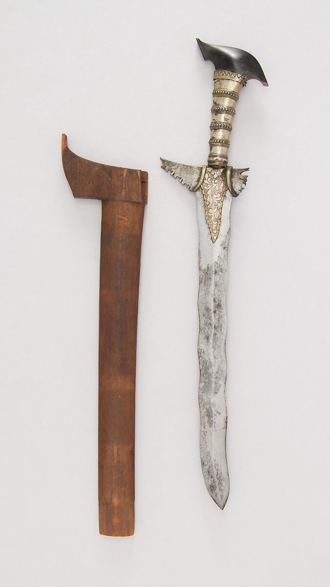 Kris with Sheath, Steel, wood, horn, silver, Philippine, Maguindanao 