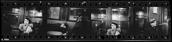 [Four 35mm Film Frames: Subway Passengers, New York City: Woman in Fur Collar with Package, PassengersLying Across Seat, Elderly Man in Hat], Walker Evans (American, St. Louis, Missouri 1903–1975 New Haven, Connecticut), Film negative