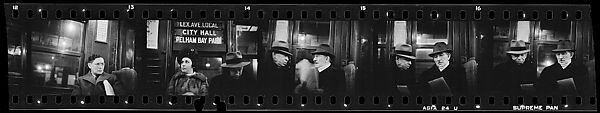 [Five 35mm Film Frames: Subway Passengers, New York City: Man, Woman and Man Beneath "Lex Ave Local" Sign, Men in Conversation], Walker Evans (American, St. Louis, Missouri 1903–1975 New Haven, Connecticut), Film negative