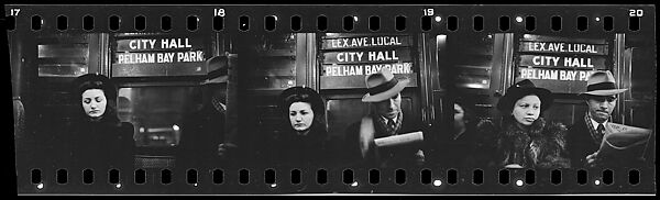 [Three 35mm Film Frames: Subway Passengers, New York City: Woman Beneath "City Hall" Sign, Woman, Man Reading Newspaper Beneath "City Hall" Sign, Woman in Fur Collar, Man Reading Newspaper Beneath "City Hall" Sign], Walker Evans (American, St. Louis, Missouri 1903–1975 New Haven, Connecticut), Film negative