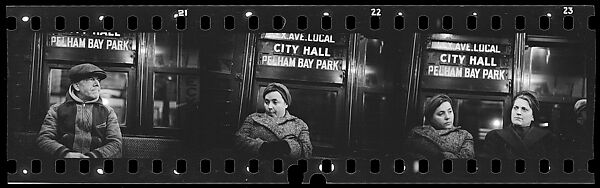 [Three 35mm Film Frames: Subway Passengers, New York City: Man in Cap Beneath "Pelham Bay Park" Sign, Women Beneath "Lex Ave Local" Sign], Walker Evans (American, St. Louis, Missouri 1903–1975 New Haven, Connecticut), Film negative