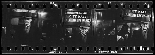 [Three 35mm Film Frames: Subway Passengers, New York City:  Elderly Man in Hat Beneath "City Hall" Sign], Walker Evans (American, St. Louis, Missouri 1903–1975 New Haven, Connecticut), Film negative