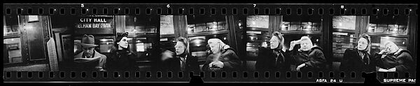 [Five 35mm Film Frames: Subway Passengers, New York City: Man Reading Newspaper, Woman Beneath "City Hall" Sign, Two Women in Headscarfs], Walker Evans (American, St. Louis, Missouri 1903–1975 New Haven, Connecticut), Film negative