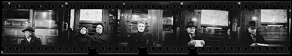 [Five 35mm Film Frames: Subway Passengers, New York City: Woman in Hat and Scarf, Older Woman and Girl, Woman in Headscarf, Man in Hat Holding Newspaper], Walker Evans (American, St. Louis, Missouri 1903–1975 New Haven, Connecticut), Film negative
