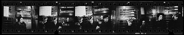 [Five 35mm Film Frames: Subway Passengers, Times Square Shuttle, New York City: Older Woman, Sailors, Young Women], Walker Evans (American, St. Louis, Missouri 1903–1975 New Haven, Connecticut), Film negative