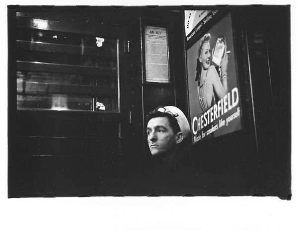 [Five 35mm Film Frames: Subway Passengers, Times Square Shuttle, New York City: Young Man in Billled Cap, Woman, Sailor Beneath Chesterfield Cigarette Advertisement], Walker Evans (American, St. Louis, Missouri 1903–1975 New Haven, Connecticut), Film negative