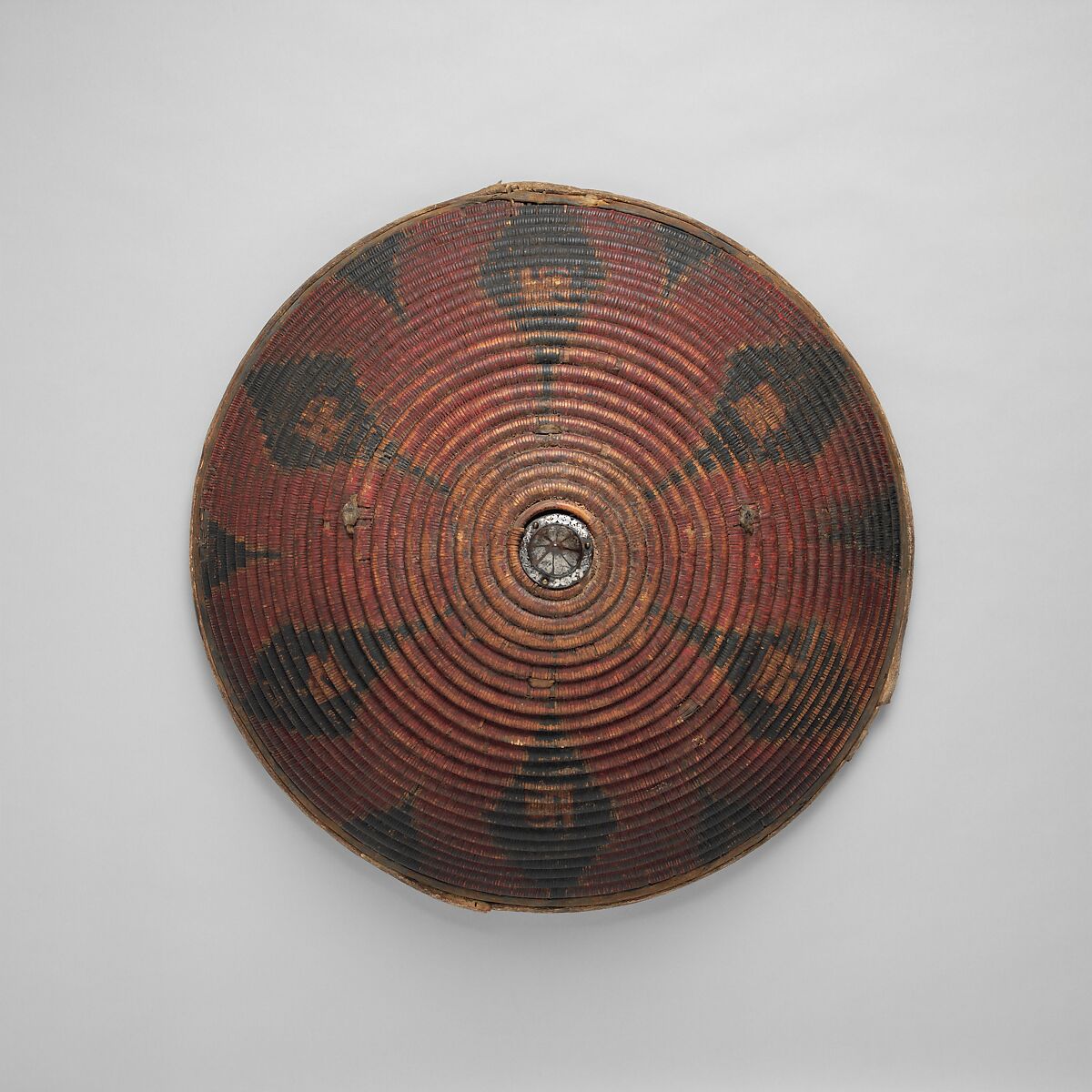 Domed Shield, Cane, iron, brass, silver, pigments, leather, Tibetan