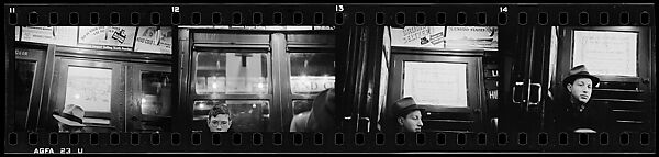 [Four 35mm Film Frames: Subway Passengers, New York City: Man in Hat, Young Man Wearing Eyeglasses, Man in Hat Beneath Metropolitan Museum Concert Poster], Walker Evans (American, St. Louis, Missouri 1903–1975 New Haven, Connecticut), Film negative