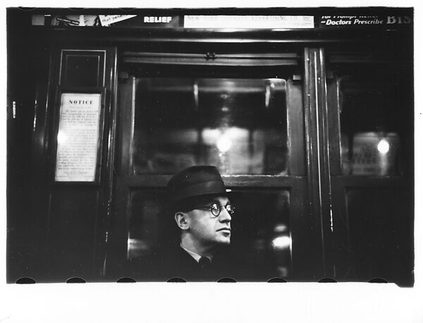 [Five 35mm Film Frames: Subway Passengers, New York City: Man in Hat and Eyeglasses, Young Woman in Eyeglasses and Coat, Man in Hat Beneath Map, Subway Newsstand Vendor in Front of Magazine Display], Walker Evans (American, St. Louis, Missouri 1903–1975 New Haven, Connecticut), Film negative 