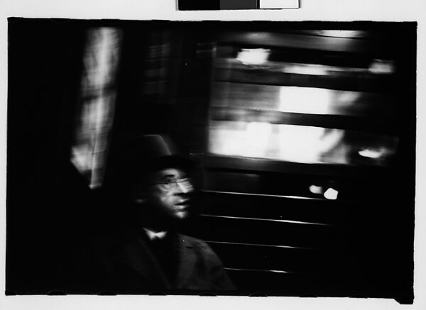 [Five 35mm Film Frames: Subway Passengers, New York City: Man Wearing Eyeglasses and Hat in Car Corner, Magazine Display at Subway Newsstand, Girl], Walker Evans (American, St. Louis, Missouri 1903–1975 New Haven, Connecticut), Film negative