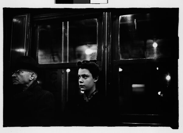 [Five 35mm Film Frames: Subway Passengers, New York City: Man Wearing Eyeglasses and Hat in Car Corner, Magazine Display at Subway Newsstand, Girl], Walker Evans (American, St. Louis, Missouri 1903–1975 New Haven, Connecticut), Film negative