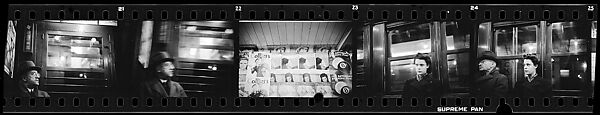 [Five 35mm Film Frames: Subway Passengers, New York City: Man Wearing Eyeglasses and Hat in Car Corner, Magazine Display at Subway Newsstand, Girl], Walker Evans (American, St. Louis, Missouri 1903–1975 New Haven, Connecticut), Film negative