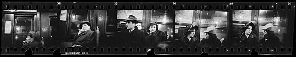 [Five 35mm Film Frames: Subway Passengers, New York City: Left Profile of Man in Hat, Man, Woman in Pillbox Hat, Two Women Wearing Feathered Hats in Conversation], Walker Evans (American, St. Louis, Missouri 1903–1975 New Haven, Connecticut), Film negative