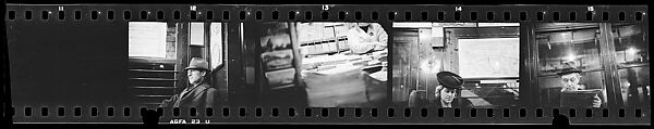 [Five 35mm Film Frames: Subway Passengers, New York City: Man Wearing Hat and Overcoat, Woman in Hat, Man Reading Newspaper, Subway Bookstall?], Walker Evans (American, St. Louis, Missouri 1903–1975 New Haven, Connecticut), Film negative
