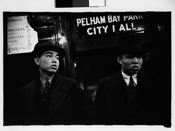 [Five 35mm Film Frames: Subway Passengers, New York City: Men Beneath "Pelham Bay Park" Sign, Couple with Child, Woman Reading Newspaper, Woman in Hat and Fur Collar Beneath "City Hall" Sign], Walker Evans (American, St. Louis, Missouri 1903–1975 New Haven, Connecticut), Film negative