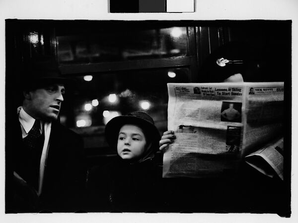 [Five 35mm Film Frames: Subway Passengers, New York City: Men Beneath "Pelham Bay Park" Sign, Couple with Child, Woman Reading Newspaper, Woman in Hat and Fur Collar Beneath "City Hall" Sign], Walker Evans (American, St. Louis, Missouri 1903–1975 New Haven, Connecticut), Film negative