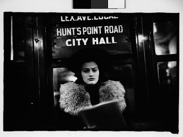 [Five 35mm Film Frames: Subway Passengers, New York City: Men Beneath "Pelham Bay Park" Sign, Couple with Child, Woman Reading Newspaper, Woman in Hat and Fur Collar Beneath "City Hall" Sign], Walker Evans (American, St. Louis, Missouri 1903–1975 New Haven, Connecticut), Film negative