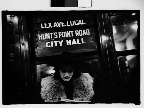 [Five 35mm Film Frames: Subway Passengers, New York City: Men Beneath "Pelham Bay Park" Sign, Couple with Child, Woman Reading Newspaper, Woman in Hat and Fur Collar Beneath "City Hall" Sign], Walker Evans (American, St. Louis, Missouri 1903–1975 New Haven, Connecticut), Film negative