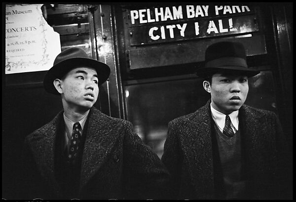 [Five 35mm Film Frames: Subway Passengers, New York City: Men Beneath "Pelham Bay Park" Sign, Couple with Child, Woman Reading Newspaper, Woman in Hat and Fur Collar Beneath "City Hall" Sign], Walker Evans (American, St. Louis, Missouri 1903–1975 New Haven, Connecticut), Film negative