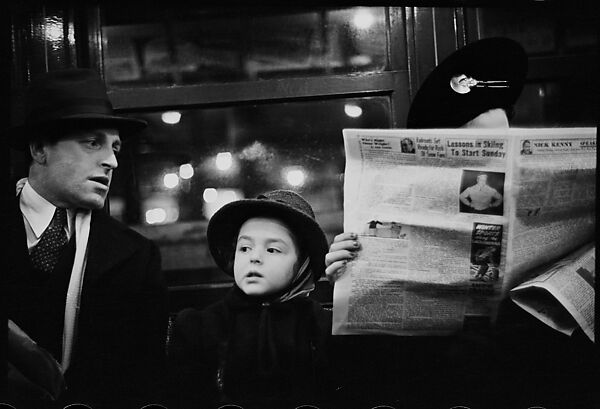 [Five 35mm Film Frames: Subway Passengers, New York City: Men Beneath "Pelham Bay Park" Sign, Couple with Child, Woman Reading Newspaper, Woman in Hat and Fur Collar Beneath "City Hall" Sign], Walker Evans (American, St. Louis, Missouri 1903–1975 New Haven, Connecticut), Film negative