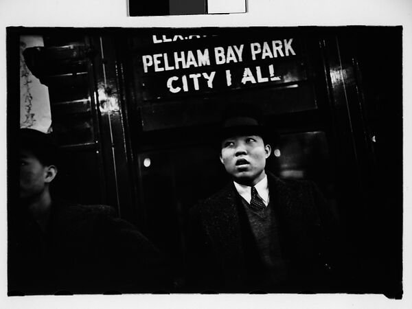 [Five 35mm Film Frames: Subway Passengers, New York City: Men Beneath "Pelham Bay Park" Sign, Couple with Child, Woman Reading Newspaper, Woman in Hat and Fur Collar Beneath "City Hall" Sign], Walker Evans (American, St. Louis, Missouri 1903–1975 New Haven, Connecticut), Film negative 